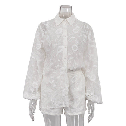 Sexy Suit Spring Autumn Cotton Embroidered Transparent Shirt High Waist Shorts