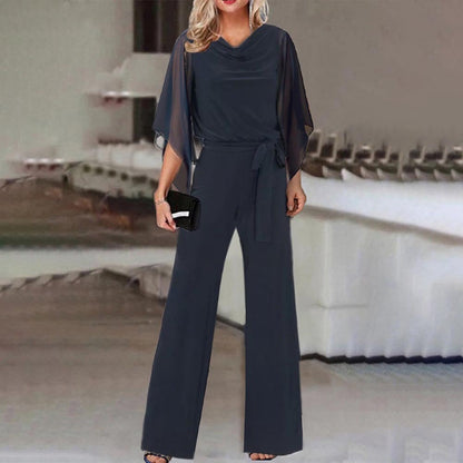 Mono informal de verano de color liso con cintura alta y cordones, pantalones de pierna recta para mujer