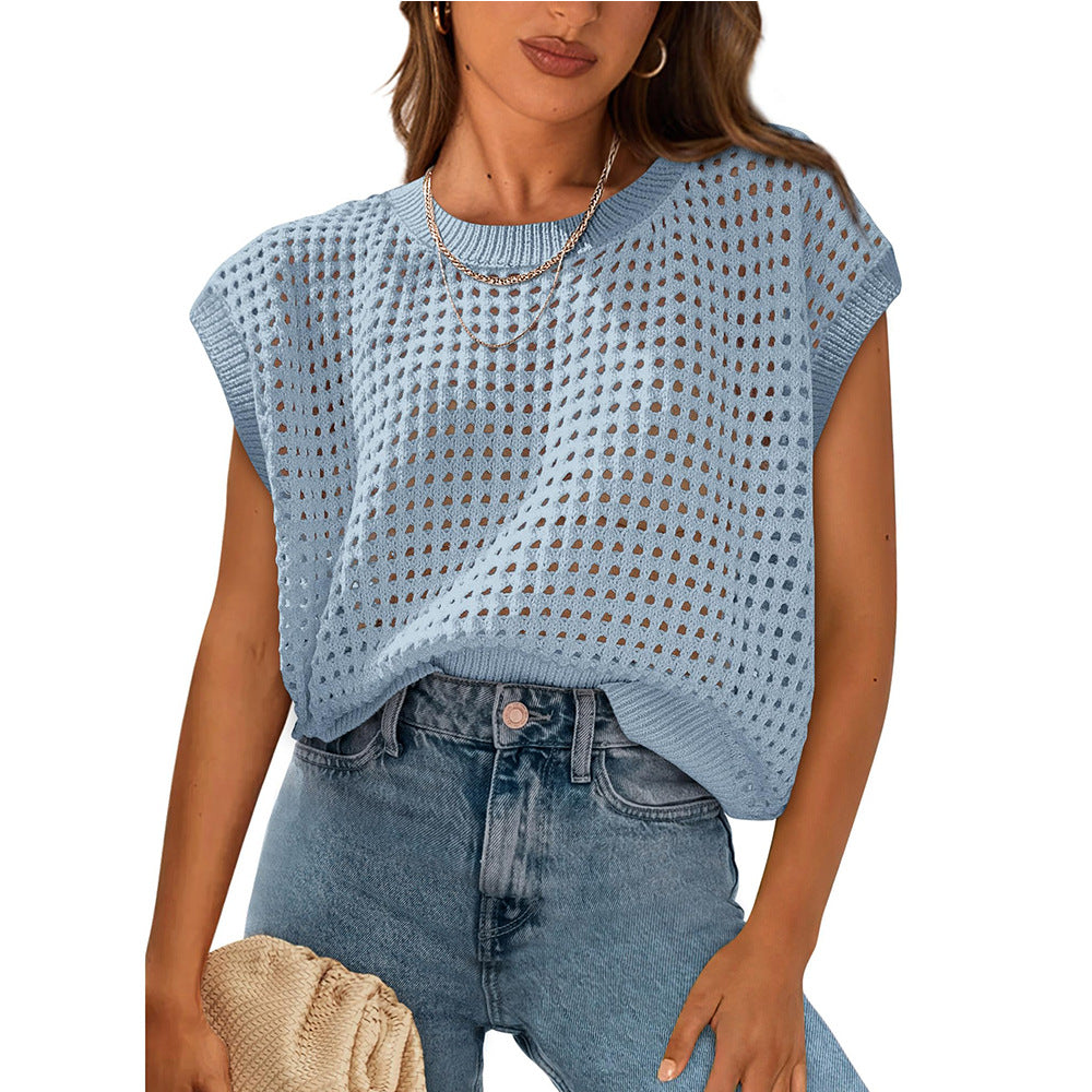 Ropa de verano para mujer, blusa de punto con cuello redondo, aberturas y protección solar