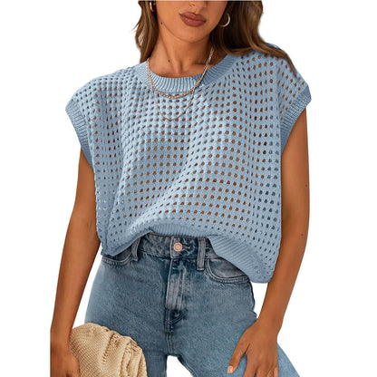 Ropa de verano para mujer, blusa de punto con cuello redondo, aberturas y protección solar