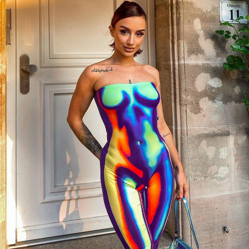 Ropa de mujer, top de tubo de verano con cuello descubierto, estampado multicolor, pantalones de una pieza ajustados con realce de cadera