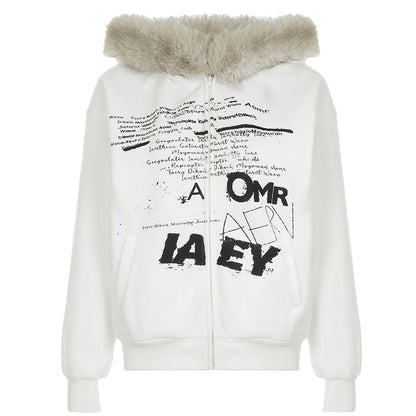 Cárdigan con capucha y costuras peludas con estampado gráfico de letras sencillas retro para otoño e invierno, sudadera térmica de terciopelo