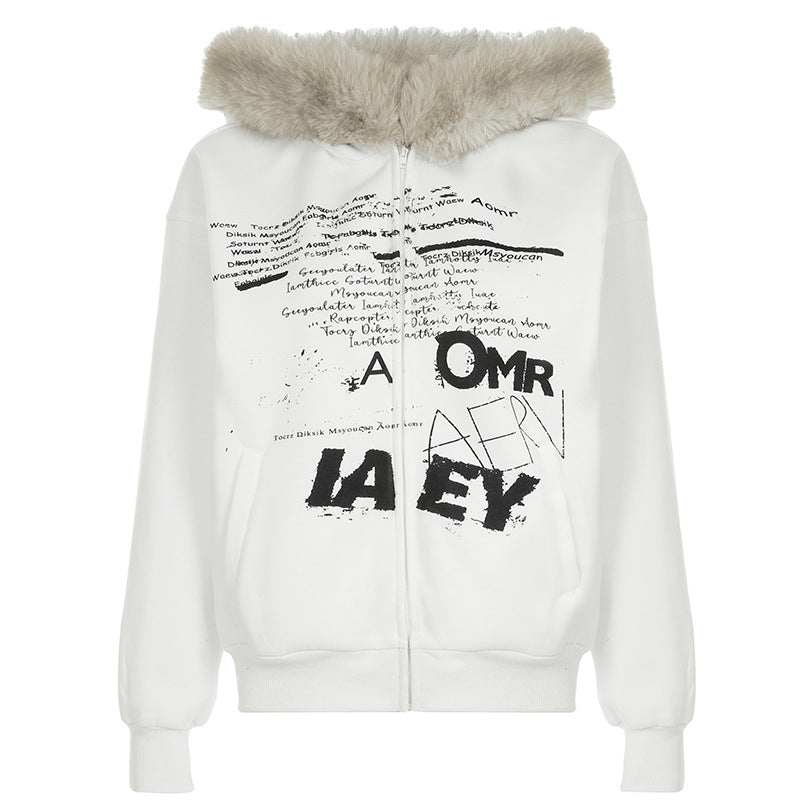 Cárdigan con capucha y costuras peludas con estampado gráfico de letras sencillas retro para otoño e invierno, sudadera térmica de terciopelo