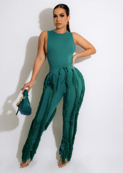 Conjunto de dos piezas para mujer, pantalón con borlas, sin mangas, informal, de encaje, sexy, para verano