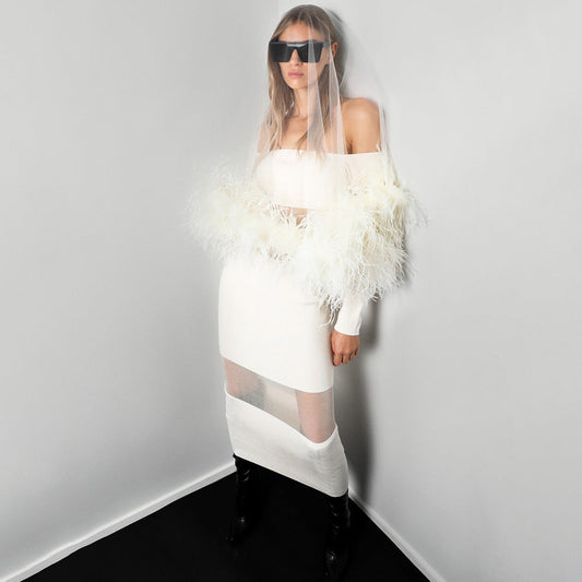 Summer Women White Off Shoulder Stitching Mesh Feather Sleeve Dress Knitted Dress