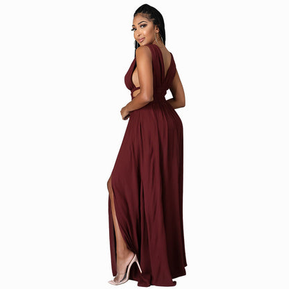 Vestido largo de verano de talla grande para mujer, vestido de seda helada con escote en V y color liso