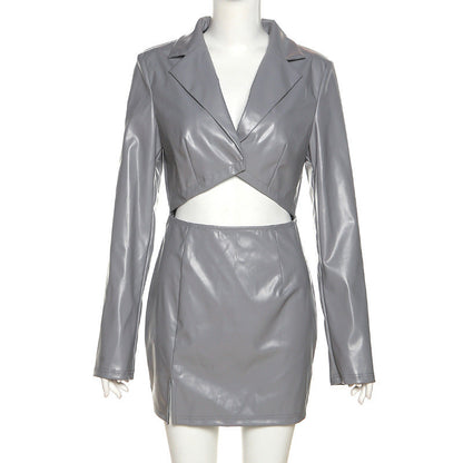 Vestido de invierno para mujer, de manga larga, corto, ajustado y con corte entallado, de piel sintética.