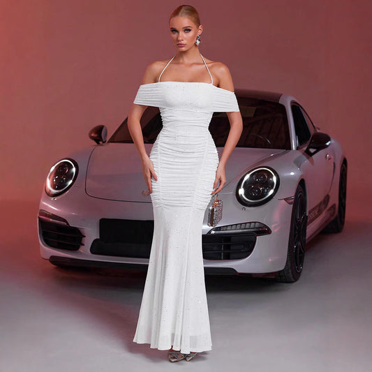 Summer Women Clothing Fashionable Elegant Dress Mesh Silver-Sprinkling off Shoulder Sleeveless Dress