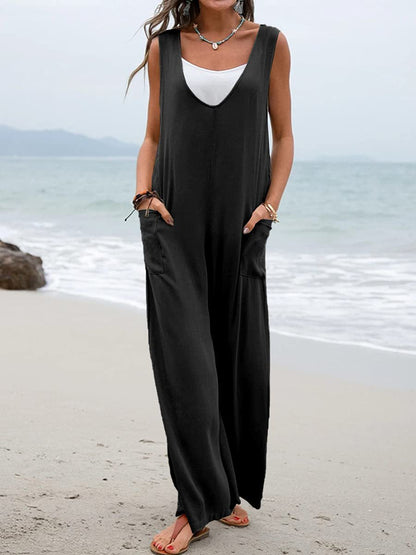 Mono con cuello en V y tirantes, pantalones de pierna ancha, pegatinas de colores sólidos, populares para mujer en verano
