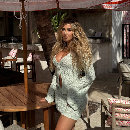 Falda corta de punto con escote en V, sexy, de playa, estilo bohemio, con contraste de colores, para mujer