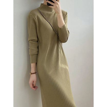 Suéter de cuello alto para otoño e invierno para mujer, largo medio por debajo de la rodilla, abrigo básico con borlas, vestido de punto con vuelo