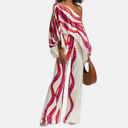Ropa de mujer, top holgado con mangas murciélago y pantalones anchos, traje de dos piezas