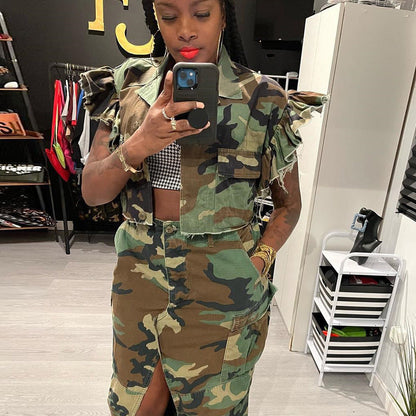Ropa de camuflaje para mujer, cárdigan personalizado con bolsillos y mangas con volantes, abrigo de manga corta para exteriores para mujer