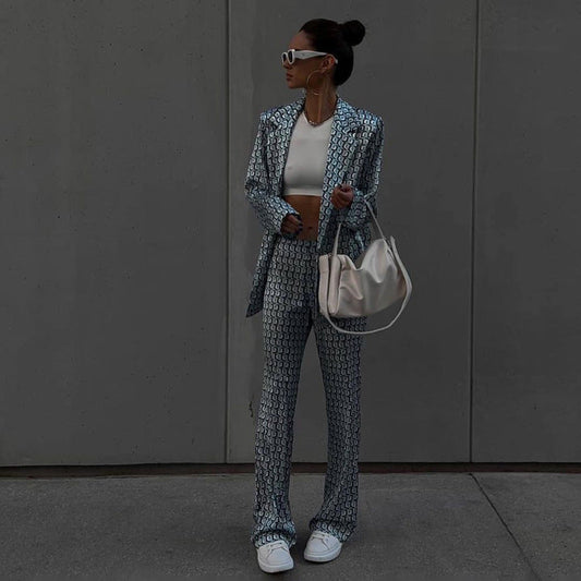 Ropa de mujer de principios de otoño, pantalones de pierna ancha con cuello de manga larga, traje estampado a juego para la calle