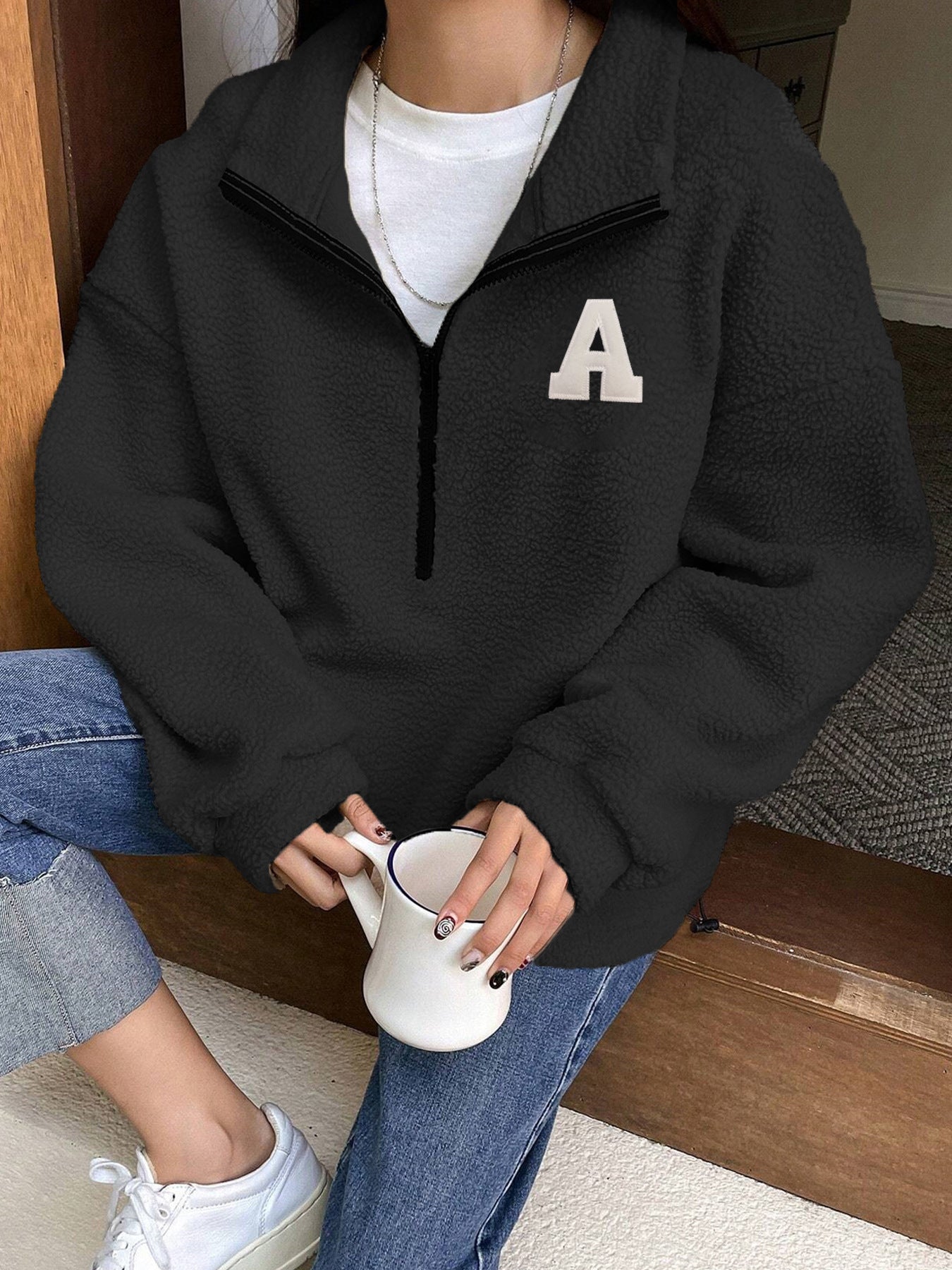 Sudadera Polar Fleece Otoño Invierno Suelta Manga Larga Suéter con Media Cremallera
