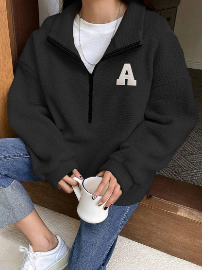 Sudadera Polar Fleece Otoño Invierno Suelta Manga Larga Suéter con Media Cremallera