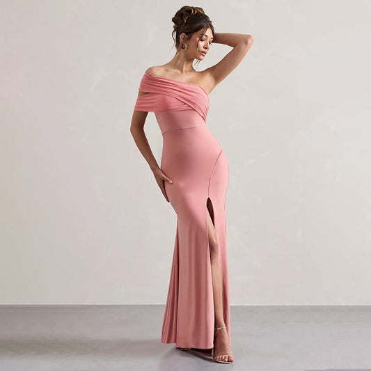 Vestido sexy de otoño con hombros descubiertos y costuras de malla para mujer