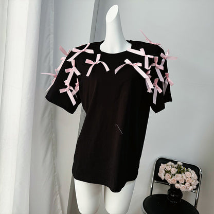 Camiseta holgada de manga corta con lazo de cinta para niña, top informal de algodón holgado