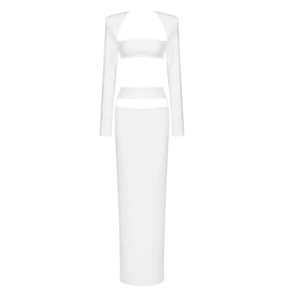 Traje de otoño informal de alta gama, conjunto de dos piezas, traje corto, vestido elástico de manga larga, ropa de mujer, vestido de vendaje