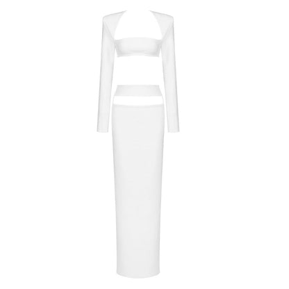 Traje de otoño informal de alta gama, conjunto de dos piezas, traje corto, vestido elástico de manga larga, ropa de mujer, vestido de vendaje