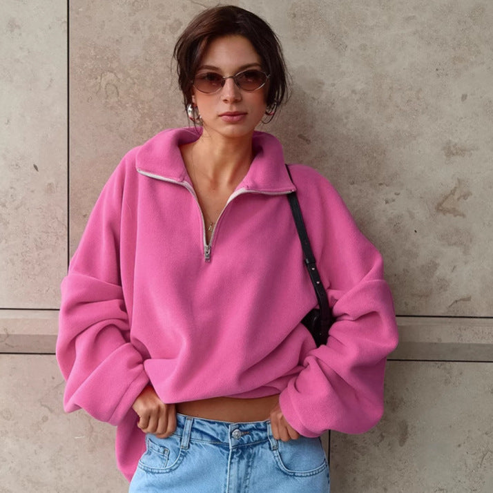 Sudadera polar con cuello rosa para mujer, otoño e invierno, de lana de cordero