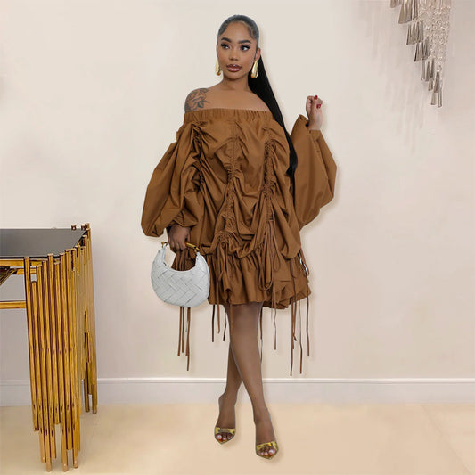 Women Clothing Sexy off Shoulder Drawstring Lace Dress