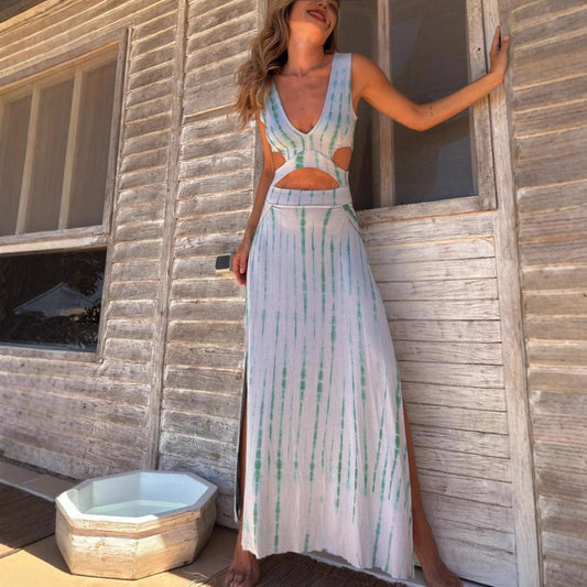 Vestido de verano estampado con escote en V, traje corto, vestido largo con abertura y chaleco sexy