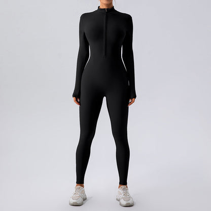 Mono de yoga de manga larga con cremallera y tacto nude para mujer, mono de una pieza para entrenamiento deportivo y fitness.