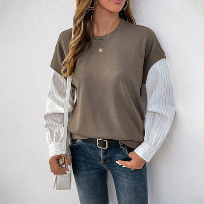 Sudadera informal de otoño de manga larga de imitación de dos piezas de punto a juego con cuello redondo