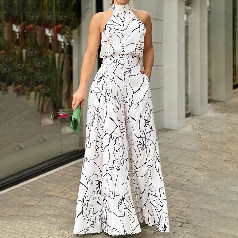 Mono elegante de verano para mujer, con cintura alta, sin mangas, con cordones y pantalones estilo halter