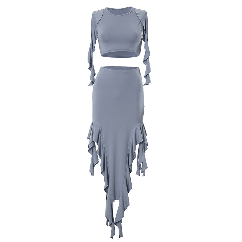 Traje de dos piezas con falda y cuello redondo sin mangas con orejas de madera y diseño asimétrico irregular de verano para mujer