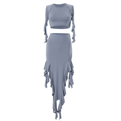 Traje de dos piezas con falda y cuello redondo sin mangas con orejas de madera y diseño asimétrico irregular de verano para mujer