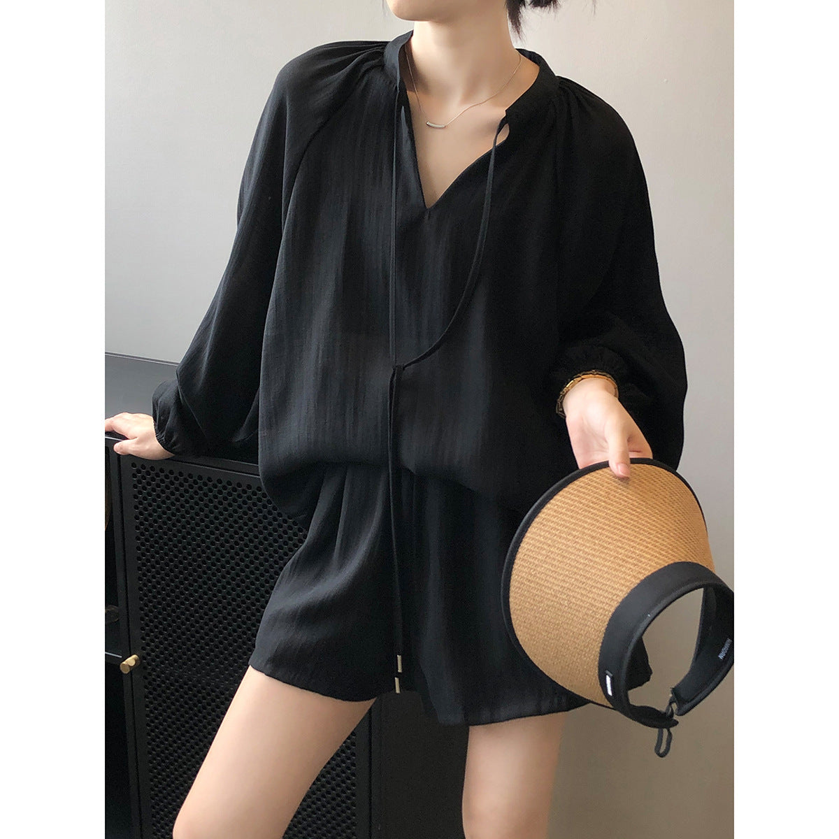 Camisa de manga larga de verano para mujer, pantalones cortos de pierna ancha