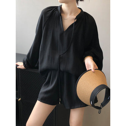 Camisa de manga larga de verano para mujer, pantalones cortos de pierna ancha
