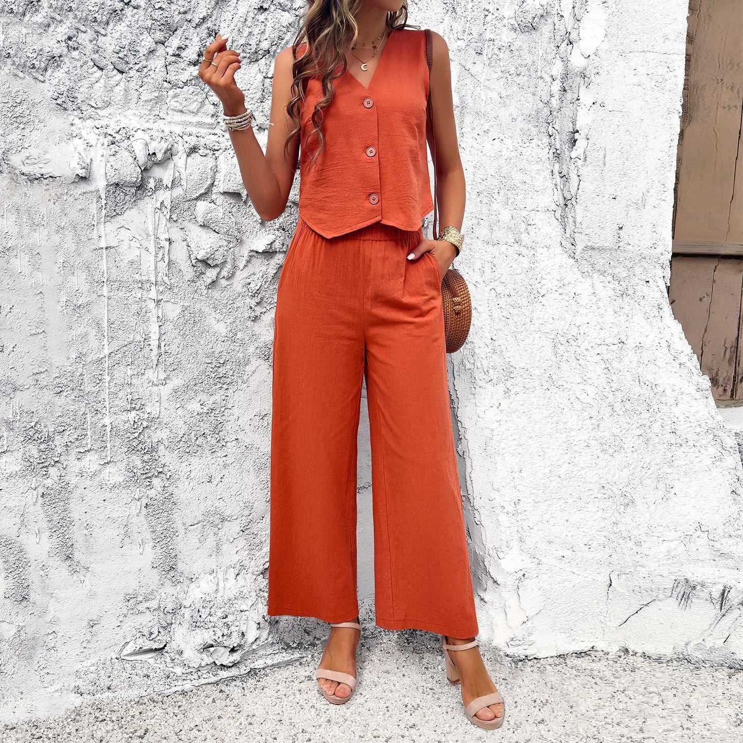 Traje de chaleco informal de color liso para mujer para primavera y verano