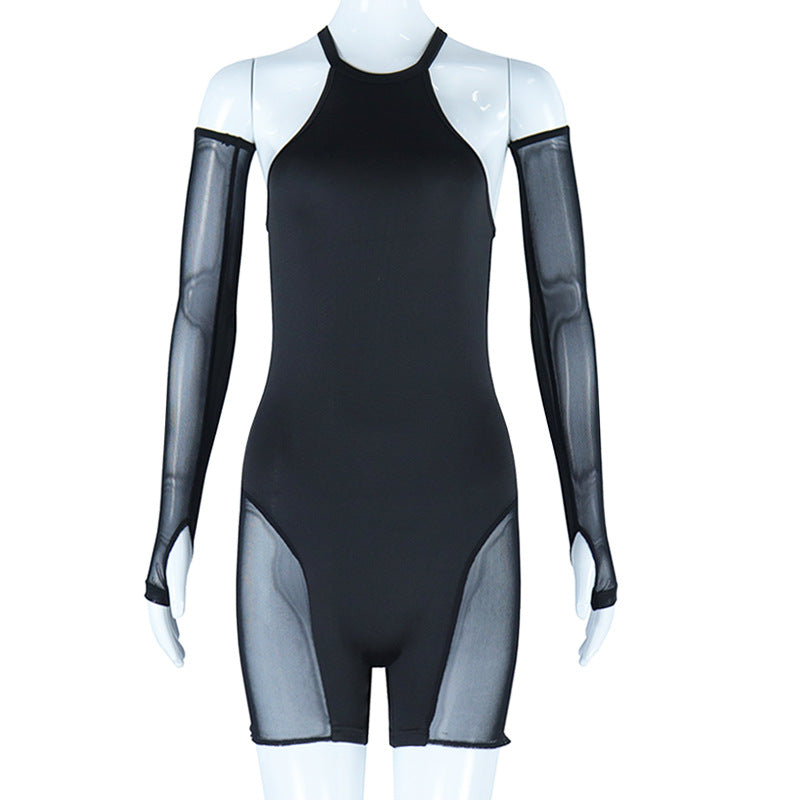 Traje de unión ajustado con costuras de malla, color sólido, sexy, transparente, pantalones de una pieza, leggings transpirables para culturismo para mujer