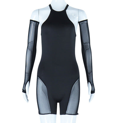 Traje de unión ajustado con costuras de malla, color sólido, sexy, transparente, pantalones de una pieza, leggings transpirables para culturismo para mujer