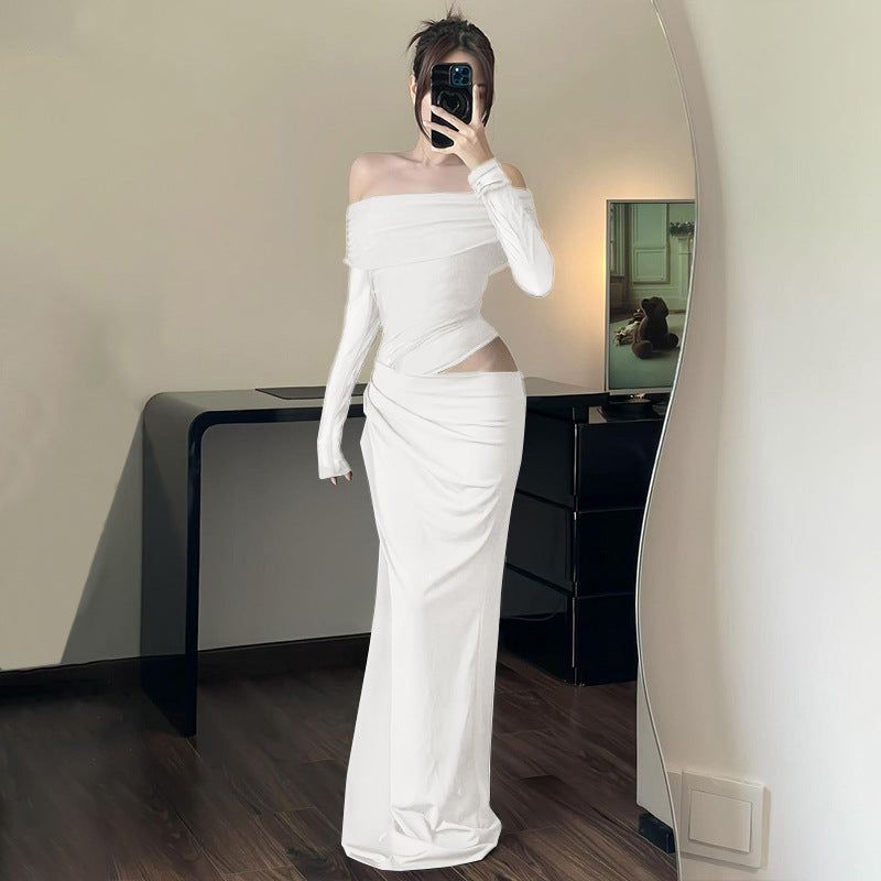 Vestido de primavera para mujer, sexy, con hombros descubiertos, costura de malla, mangas largas, con aberturas.