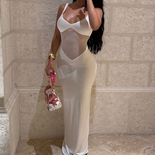 Women Clothing Sexy Patchwork Mesh Dress Solid Color V neck Long See through One Step Dress