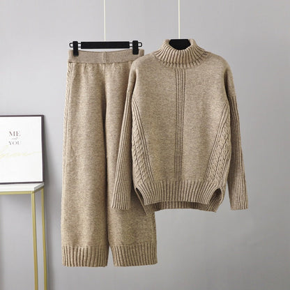 Conjunto informal de jersey de cuello alto y tejido grueso para mujer, pantalones anchos y sueltos de pierna ancha para otoño e invierno, dos piezas