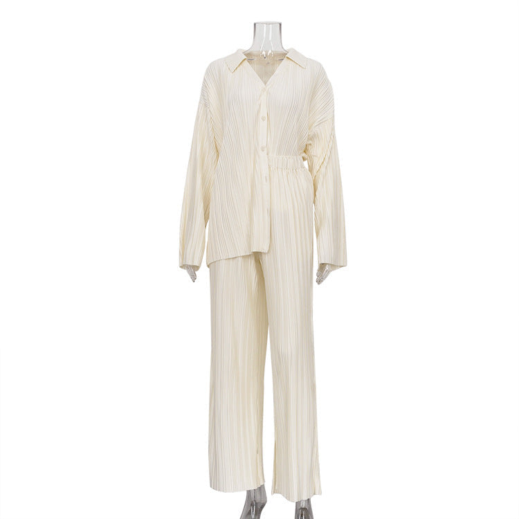 Conjunto informal de dos piezas de pantalones rectos lisos de otoño para mujer, ropa occidental, camisa plisada y pantalones
