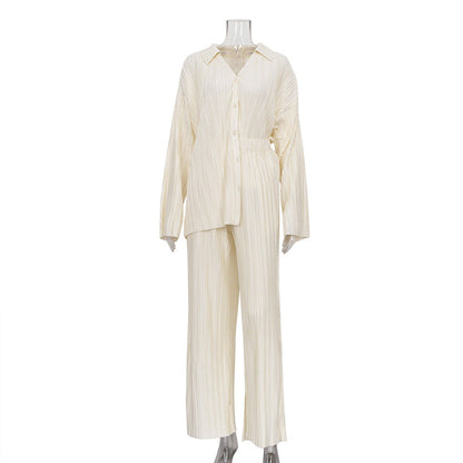 Conjunto informal de dos piezas de pantalones rectos lisos de otoño para mujer, ropa occidental, camisa plisada y pantalones