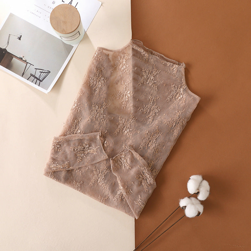 Camisa de encaje de alta gama para mujer, top de malla de manga larga ajustado popular, ropa interior sexy, camisa pequeña de primavera y otoño