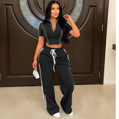 Conjunto informal de dos piezas para mujer, camiseta con cremallera, top corto y pantalones holgados
