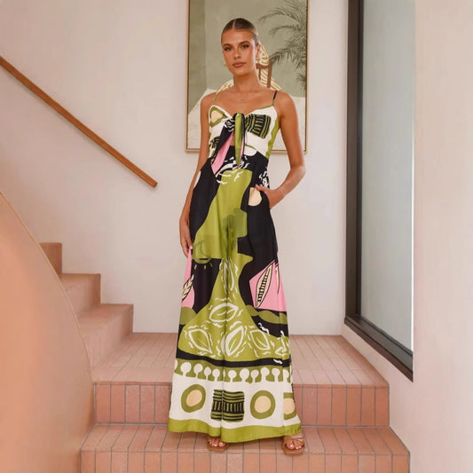 Mono de primavera y verano sexy con estampado recortado y tirantes anchos para mujer