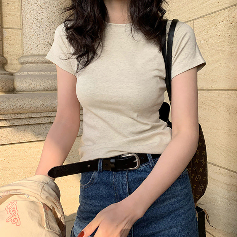 Camiseta blanca para mujer, de algodón, de manga corta, con hombros descubiertos y cuello redondo, para adelgazar.