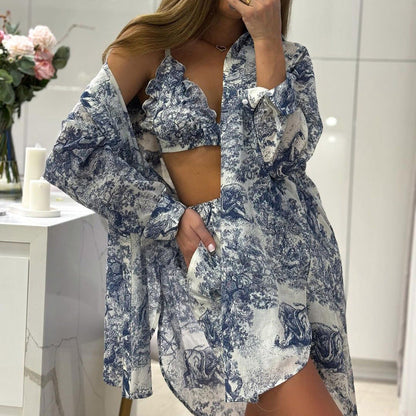 Conjunto de tres piezas con camisa vintage y pantalones cortos con tirantes para mujer