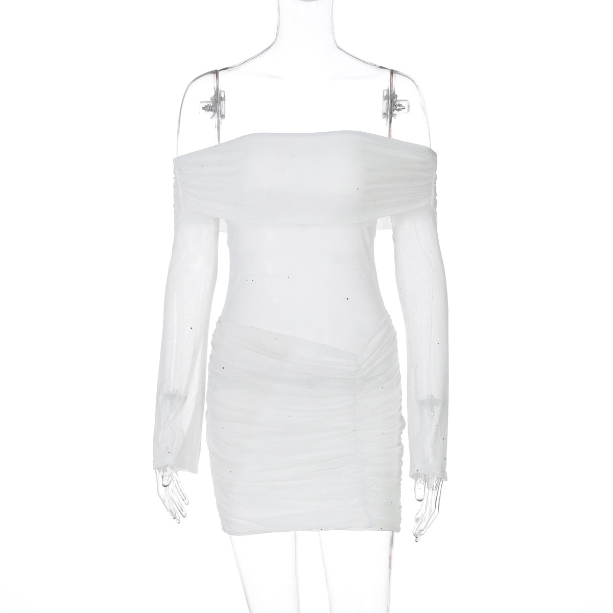 Vestido ajustado sexy de malla transparente para mujer, top de tubo con cuello desbocado, ropa de primavera y verano