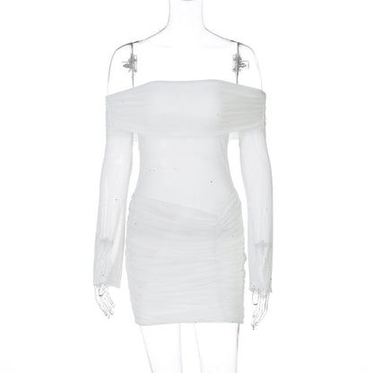 Vestido ajustado sexy de malla transparente para mujer, top de tubo con cuello desbocado, ropa de primavera y verano