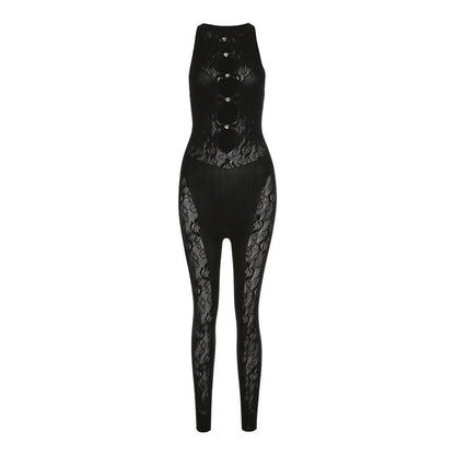 Spring Women Sexy Jacquard Fishnet Clothes Solid Color Hollow Out Cutout out High Elastic Tight Jumpsuit
